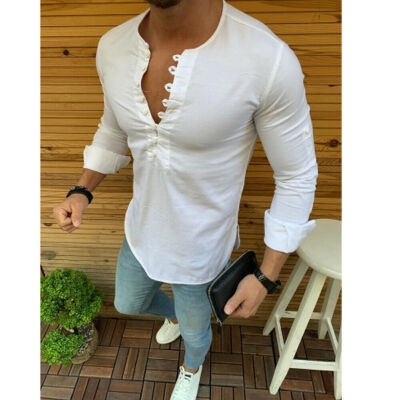 

Mens Linen Long Sleeve Summer Solid Shirts Casual Loose Dress Soft Tops Tee