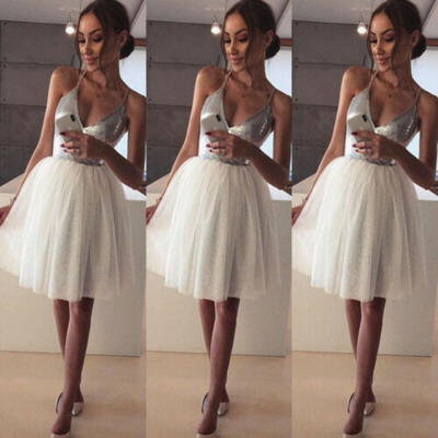 

Women V Neck Evening Dress Ball Gown Tulle Bridesmaid Party Knee Length Dress