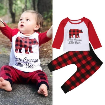 

Christmas Newborn Kids Baby Boys Girls Tops T-shirt Plaids Pants Outfits Clothes