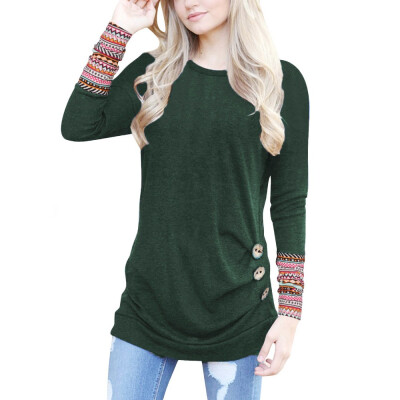 

Nomeni Women Long Sleeve Loose Button Trim Blouse Patchwork Round Neck Tunic T-Shirt