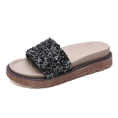 

Slippers Female Summer Fashion Outside wearing Korean Edition Water Diamond Sequins One Word Slippers Muffin Cake Thick Base Beach