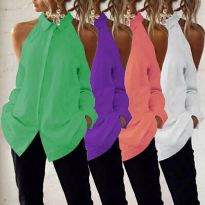 

Women Off Shoulder Long Sleeve Chiffon Shirt Tops Turn Down Collar Casual Blouse