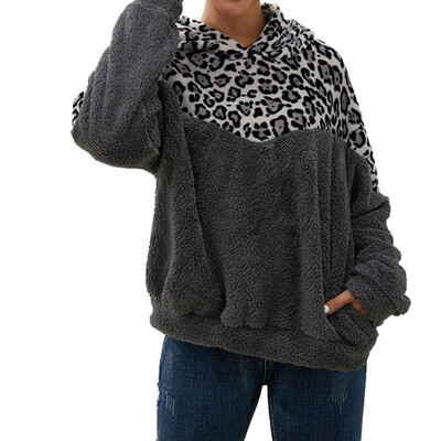 

Fashion Autumn And Winter Women Leopard splice Long Sleeves Hooded Casual Loose Double-faced plush Sweatshirt