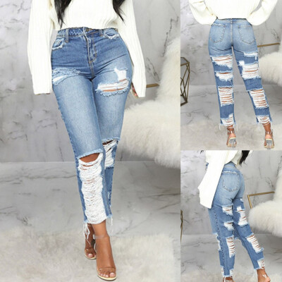 

Tailored Womens High Waist Hole Jeans Button Pants Trousers Bell-bottom Pants