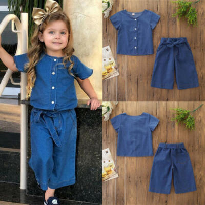 

Toddler Kids Baby Girl Short Sleeve Tops Shirt Denim Long Pants Jeans Outfits