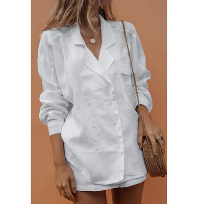 

Roseonmyhand Women V Neck Slim Summer Cotton Double-breasted Temperament Suit Shorts Suit