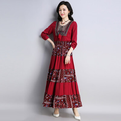 

Women Round Neck Short Sleeve National Wind Big Swing Dress Elegant Printed Slim Dress