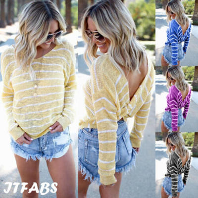 

USA Autumn Womens Irregular Open Back Fashion Striped Long Sleeve T-Shirts Tops