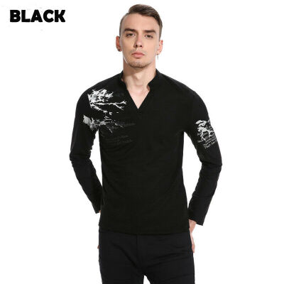 

New Style Fashion Hot Print Mens Slim Fit Long Sleeve Tee Shirts Casual V Neck T-shirt Tops