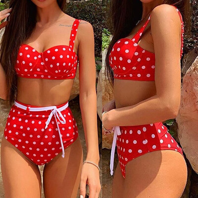 

Roseonmyhand Women Sexy Wave Point Print Swimsuit Bandage Bikini Set High Waist Beachwear