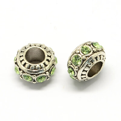 

Alloy Rhinestone European Beads Rondelle Large Hole Beads Peridot 11x7mm Hole 5mm