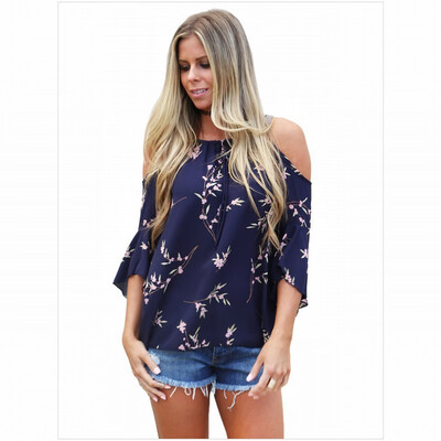 

Cropped sleeves floral print cold shoulder bohemian loose top