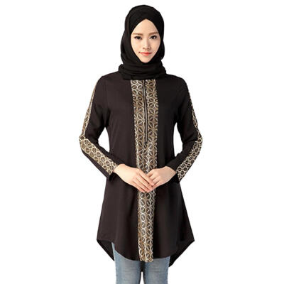 

Women Muslim Long Shirt Quarter Zipper Retro Splicing Color Blouses Tops