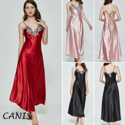 

US Stock Women V-neck Silk Lace Lingerie Pajama Night Dress Nightgown Sleepwear