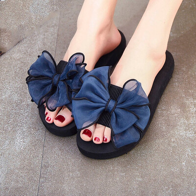 

Rose Women Summer Bow Flat-Bottomed Slip-On Wear Thick-Soled Beach Slippers