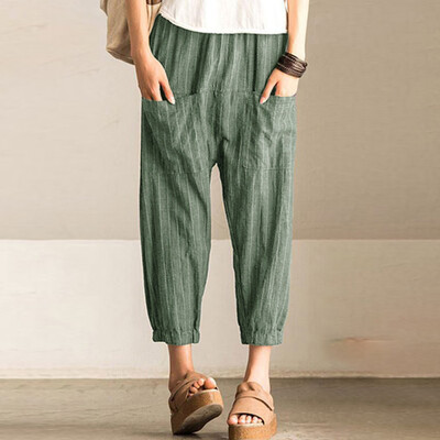 

Women Stripe High Waist Cotton And Linen Long Pants Casual Beach Trousers