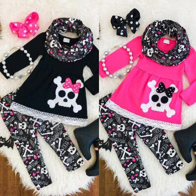 

Toddler Kids Baby Girls Skull Outfits Long Sleeve Top Dress Pants Set Clothes Costume