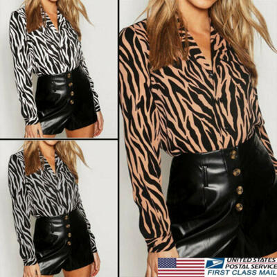 

US Women Shirts Leopard Chiffon Button Long Sleeve Ladies Blouse Tops T-shirt