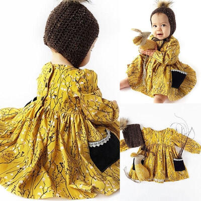 

Autumn Kids Baby Girls Cotton Floral Party Tutu Dress Long Sleeve Pocket Dresses