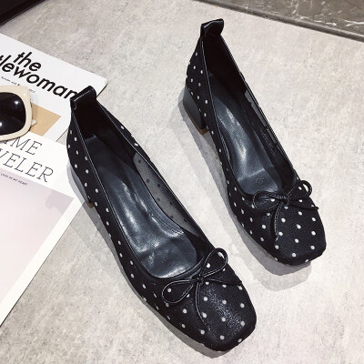 

High heels shoes ladies autumn Joker square head retro with thick bowknot fairy shoes gentle