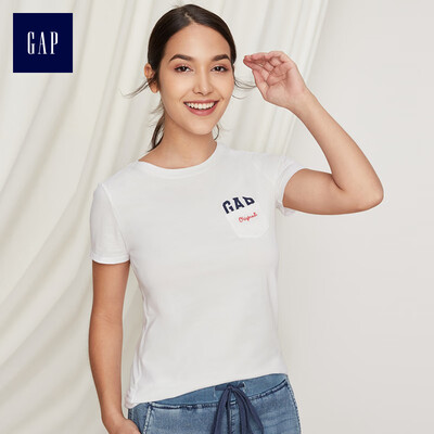 

GAP flagship store womens summer short-sleeved T-shirt bottoming shirt 2018 new ladies round neck inside logo shirt 452746 navy blue 17096A M