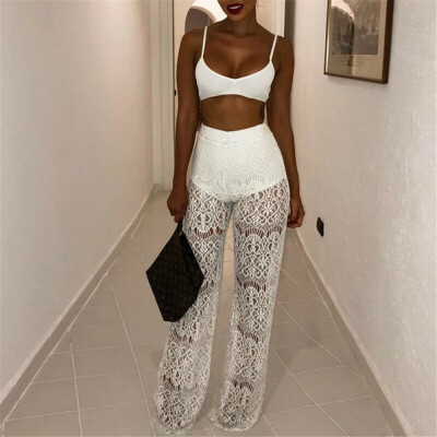 

Women Sexy Lace Casual High Waist Long Pants Wide Leg See Through Trouser Beach