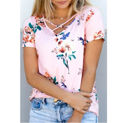 

omen Summer Short Sleeve Floral Shirt Blouse Tops Loose T Shirt Casual TOPS