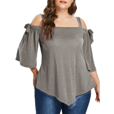 

Roseonmyhand Fashion Women Casual Plus Size Asymmetric Cold Shoulder Top T-shirt Bow Blouse