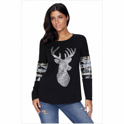 

Round neck long sleeve reindeer print sequin stitching casual straight shirt womens