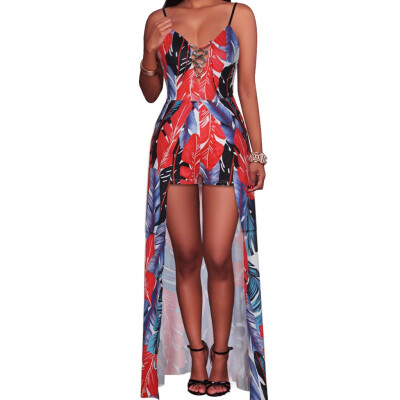 

Starmoon Women Fashion Sexy Feather Print Sling Front Short Long Jumpsuit