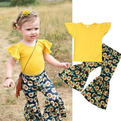 

Baby Little Girls Fashion Fly Sleeve Short Sleeve TopsFloral Loose Long Pants Suits
