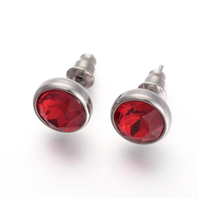 

304 Stainless Steel Stud Earrings with Rhinestone Flat Round Light Siam 10x6mm Pin 09mm