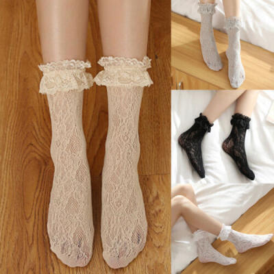 

Pair of Sheer Mesh Soft Ankle High Socks Lolita Pin-Up Vintage Floral Lace OS US