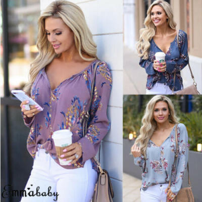 

Boho Women Summer Floral Shirt Tops Long Sleeve Blouse Gypsy Beach T-Shirt 6-18