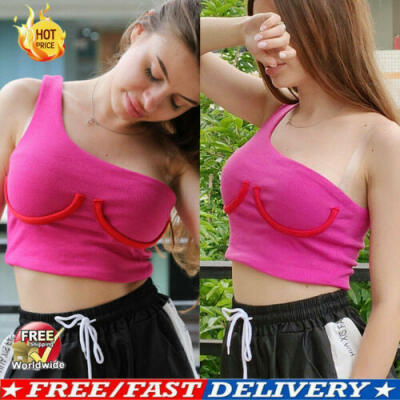 

US Sexy Ladies Plain One Shoulder Sports Bra Bralet Vest Tank Crop Tops Clothes