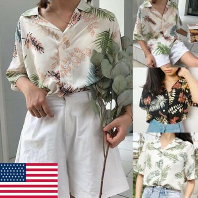 

Womens Button Down Notched Lapel V Neck Short Sleeves Hawaii Loose Shirt Tops