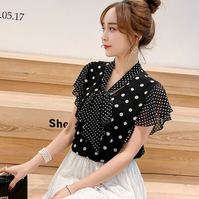 

Tops Women Blouses Cute Bow Decoration Blouse Polka Dot Autumn Short Sleeve Femme Shirts Print Chiffon Women Blouses