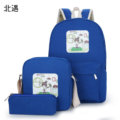 

School bag female Korean version of the small fresh canvas bag junior high school students bag mens backpack three-piece backpack