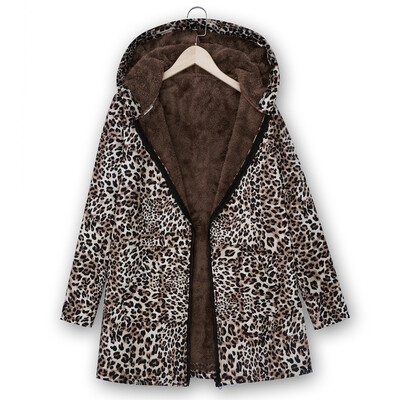 

Toponeto Womens Winter Warm Outwear Leopard Print Hooded Pockets Vintage Oversize Coats