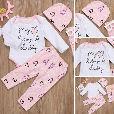 

Newborn Toddler Infant Baby Girls Heart Romper Pink Pants Hat Clothes Outfit Set