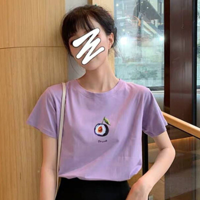 

Tshirt Women Casual Round Neck Fruit Print Short Sleeve Loose Pullover Ladies Tshirt