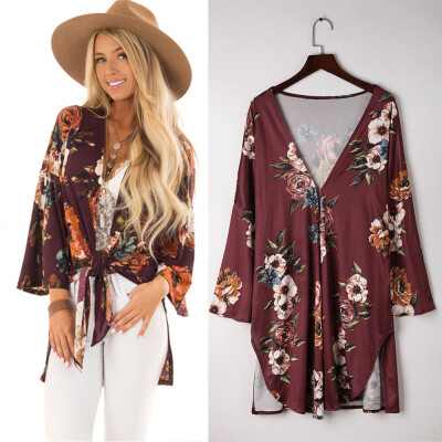 

Nomeni Fashion Women Bandage Floral Printed Three Quarter Cardigan Kimono Shawl Blouse