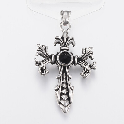 

304 Stainless Steel Big Pendants with Cubic Zirconia Cross Antique Silver 53x36x115mm Hole 8x6mm