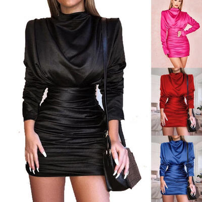 

Women Fold OL Ladies Long Sleeve Bodycon Evening Cocktail Party Short Mini Dress