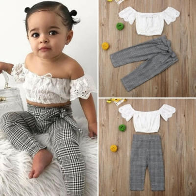 

2PCS Toddler Kid Baby Girl Summer Lace Tops Plaid Long Pants Outfit 2-7Y