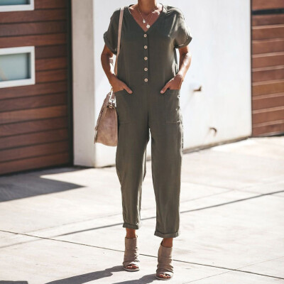 

Starmoon Women V Neck Short Sleeveless Side Button Pockets Baggy Long Jumpsuits