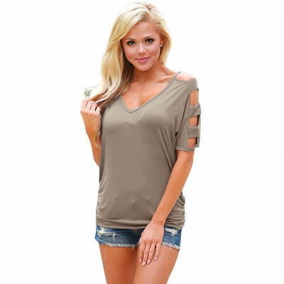 

V-neck short-sleeved line stitching cold shoulder slung tight T-shirt casual top