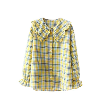

Women Plaid Shirt Long Sleeve Spring Tops Ladies Loose Doll Collar Trumpet Sleeve Casual Women Tops And Blouses