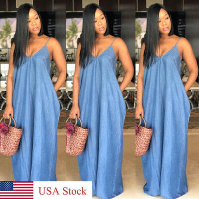 

USSeller Plus Size Boho Backelss Summer Long Denim Maxi Dress Women Jean Dresses