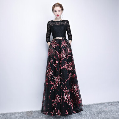 

Evening Dresses 2018 New Long Elegant Half Sleeve Lace Vintage Illusion Luxury Printed Noble Banquet Party Prom Dress